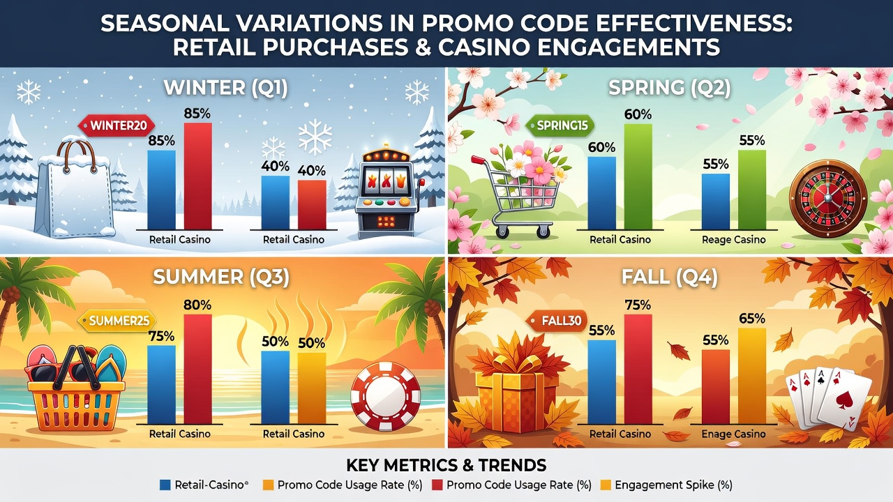 Data charts showing promo code redemption rates in retail and casino sectors over multiple seasons